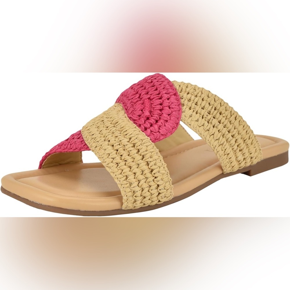 Nine West Quara Sandals Size 8 Pink Natural‎ Woven Raffia Slide Flat Square Toe